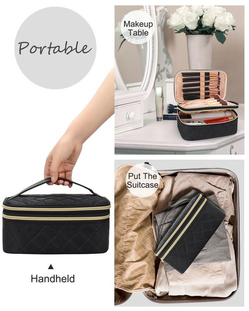 Relavel Travel Makeup Bag, Compact Cosmetic Bag for Women, Waterproof Makeup Brush Holder Organizer with Adjustable Dividers (Black)
