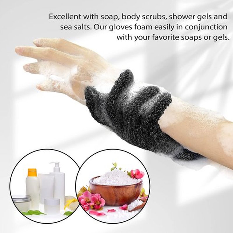 Evridwear Exfoliating Dual Texture Bath Gloves for Shower, Spa, Massage and Body Scrubs, Dead Skin Cell Remover, Gloves with Hanging Loop (1 Pair Black Heavy Glove)