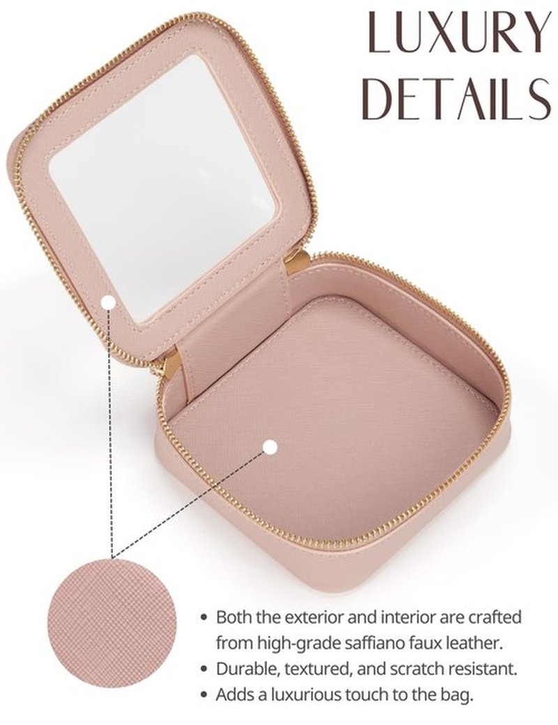 Small Makeup Bag for Purse Mini Cosmetic Bag Clear Pink Square Pouch for School Cute Leather Make Up Case Travel Organizer for Backpack Tiny Toiletry Bag with Zipper for Car Essentials Women Girls