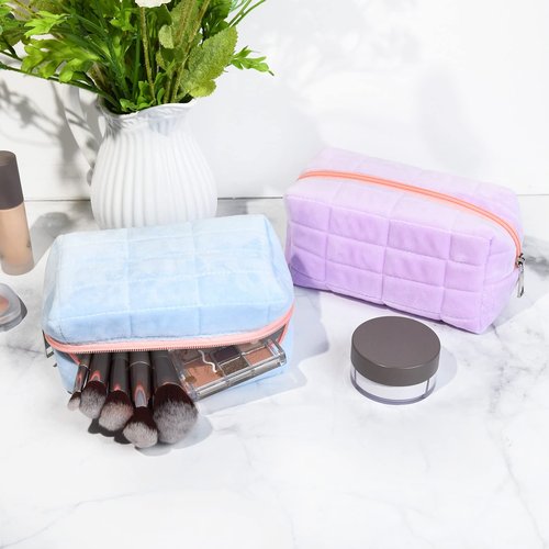 SOIDRAM 2 Pieces Makeup Bag Cute Cosmetic Bag Plush Blue Purple Makeup Pouch Travel Toiletry Bag Organizer Makeup Brushes Storage Bag for Women