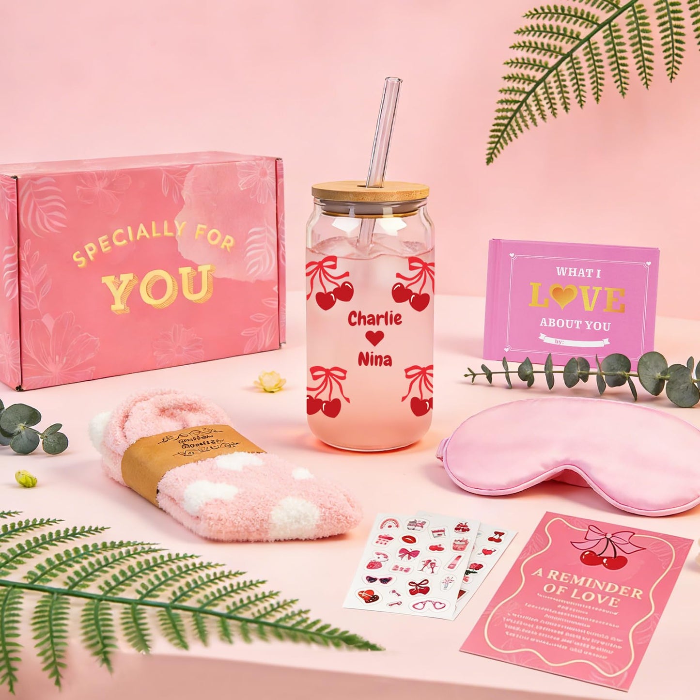 Personalized Valentines Day Gifts Her - Personalized Glass Cup, Satin Eye Mask, Fuzzy Socks & Love Card | Romantic Gift for Girlfriend/Wife (Valentines-DIY)