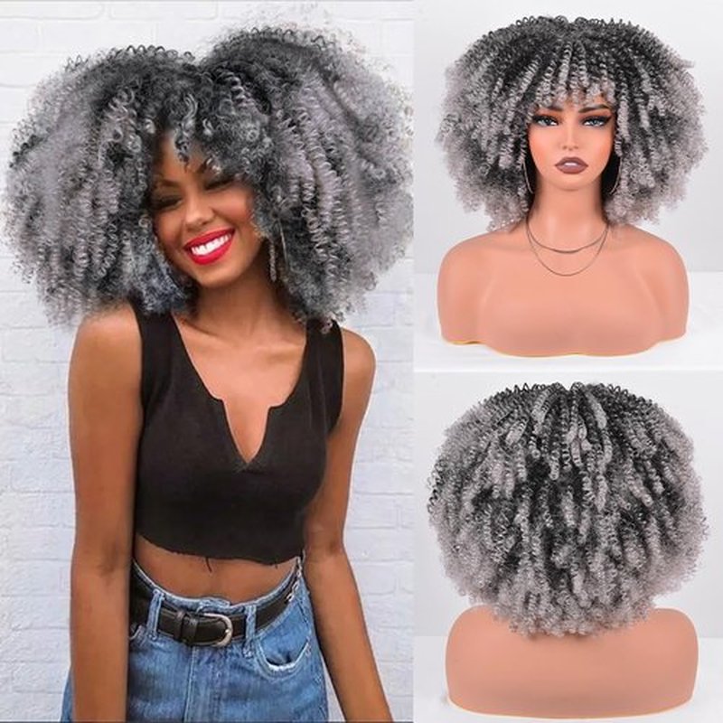 Vitorish Short Curly Afro Wig with Bangs 12 Inches Natural Afro Kinky Curly Synthetic Hair Wig about 280g/Piece No Glue Heat Resistant Hair Replacement Wigs (Ombre Grey)