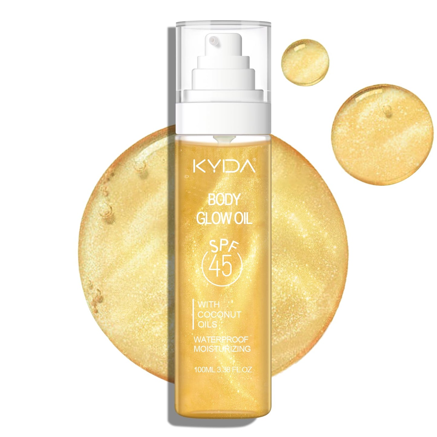 FREEORR SPF 45 Body Glow Oil, Travel Size Sunscreen Oil with Gold Mica, Moisturizing Coconuts Summer Sunscreen, Lightweight Sun-kissed Glow Skin Illuminator, Water Resistant, 3.38 fl oz, GOLD
