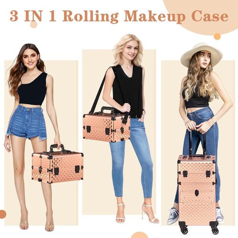 Imseigo 2-In-1 Makeup Train Case Large Storage, Detachable Universal Wheels, Portable Aluminum Cosmetic Trolley, Makeup Travel Case with Diamond Pattern Makeup Artists, Manicurists (Champagne Gold)