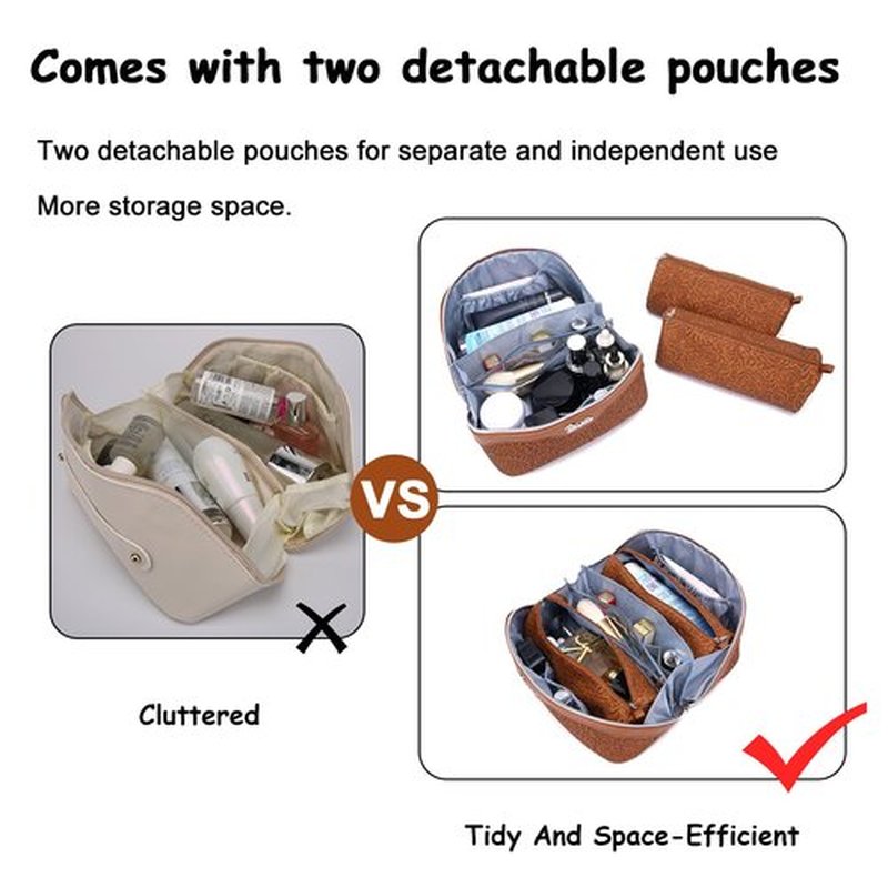 Travel Makeup Bags Cosmetic Organizer Bag: 3-Set Large Capacity Make up Bag - PU Leather Toiletry Bag for Women - Wide Open Portable Pouch with Divider & Handle (02-Z-Brown)