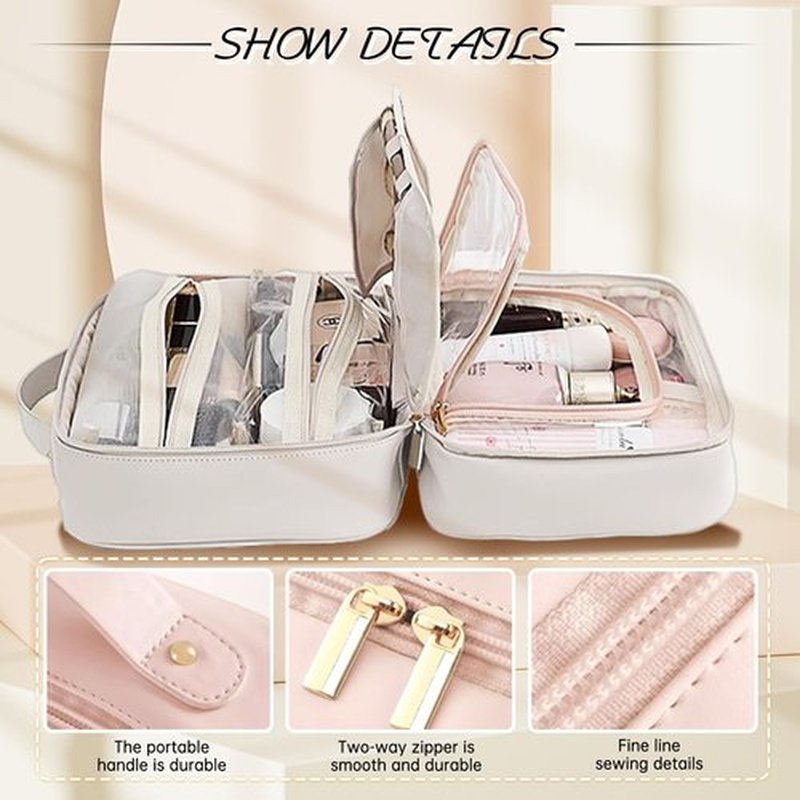 Doblopup Multi Compartment Toiletry Cosmetic Bag, PU Large makeup bag with compartments, Set Patient Multi Compartment Toiletry Cosmetic Bag For Women Girls Travel makeup bag with compartments (white)