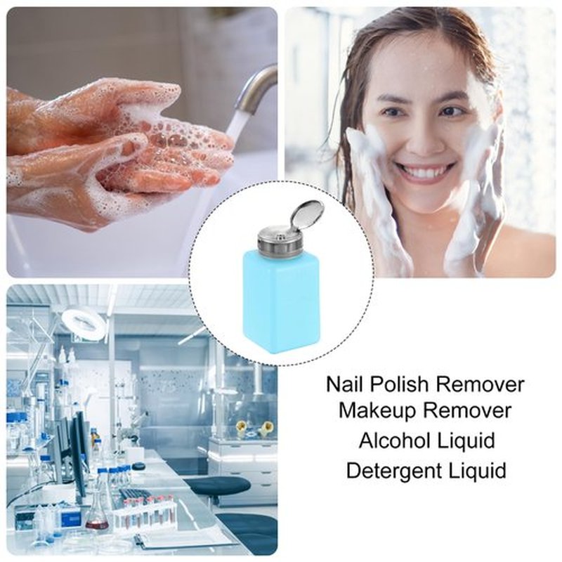 HARFINGTON 2pcs Solvent Alcohol Dispenser 180ml(6.1oz) Nail Polish Remover Push Down Liquid Dispenser Pump Bottle with Stainless Steel Press Head for Acetone Cleanser Polish Remover, Blue