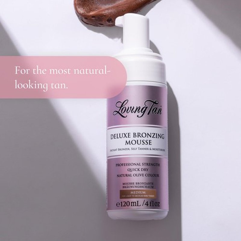Loving Tan Deluxe Bronzing Mousse, Medium - Streak Free, Natural looking, Professional Strength Sunless Tanner - Up to 5 Self Tan Applications per Bottle, Cruelty Free, Naturally Derived DHA - 4 FL Oz
