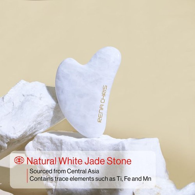 Rena Chris Gua Sha Facial Tools, Natural Jade Stone Guasha, Manual Massage Sticks for Jawline Sculpting and Puffiness Reducing, Gua Sha Scraping Massage Tool, Skin-Care Tool (White)