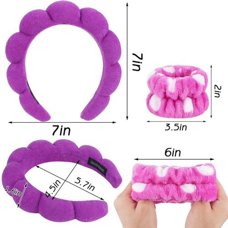 Zkptops Spa Headband for Washing Face Wristband Set Sponge Makeup Skincare Terry Cloth Bubble Soft Get Ready Hairband for Women Girl Puffy Padded Headwear Non Slip Thick Hair Accessory(Dark Purple)