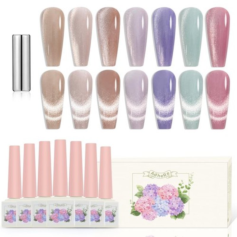 ADHERE Gel Nail Polish Set 12ml*7 Colors Cat Eye Magnetic Nail Polish Soak Off UV LED Nail Art Varnish Manicure Set Valentine's Day Gift for Women (With Magnet As Gift)