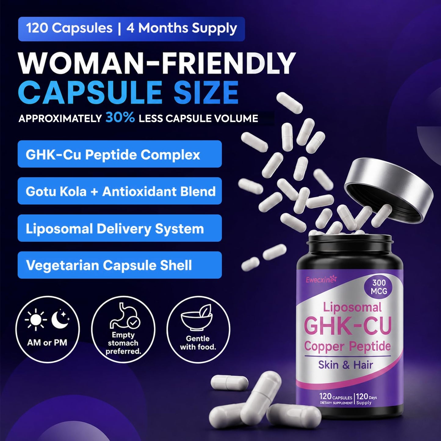 Liposomal GHK-Cu Copper Peptide Supplement 120 Capsules 300 mcg per Serving
