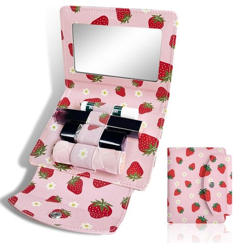 LAOTANGJIA PU Lipstick Case Holder with Mirror,Holds 4pcs of Long Lipsticks,Lipstick Holder,Cute Makeup bag Travel Organizer Bag for Outside Mini Bag Pouch,Strawberry for Gift Women