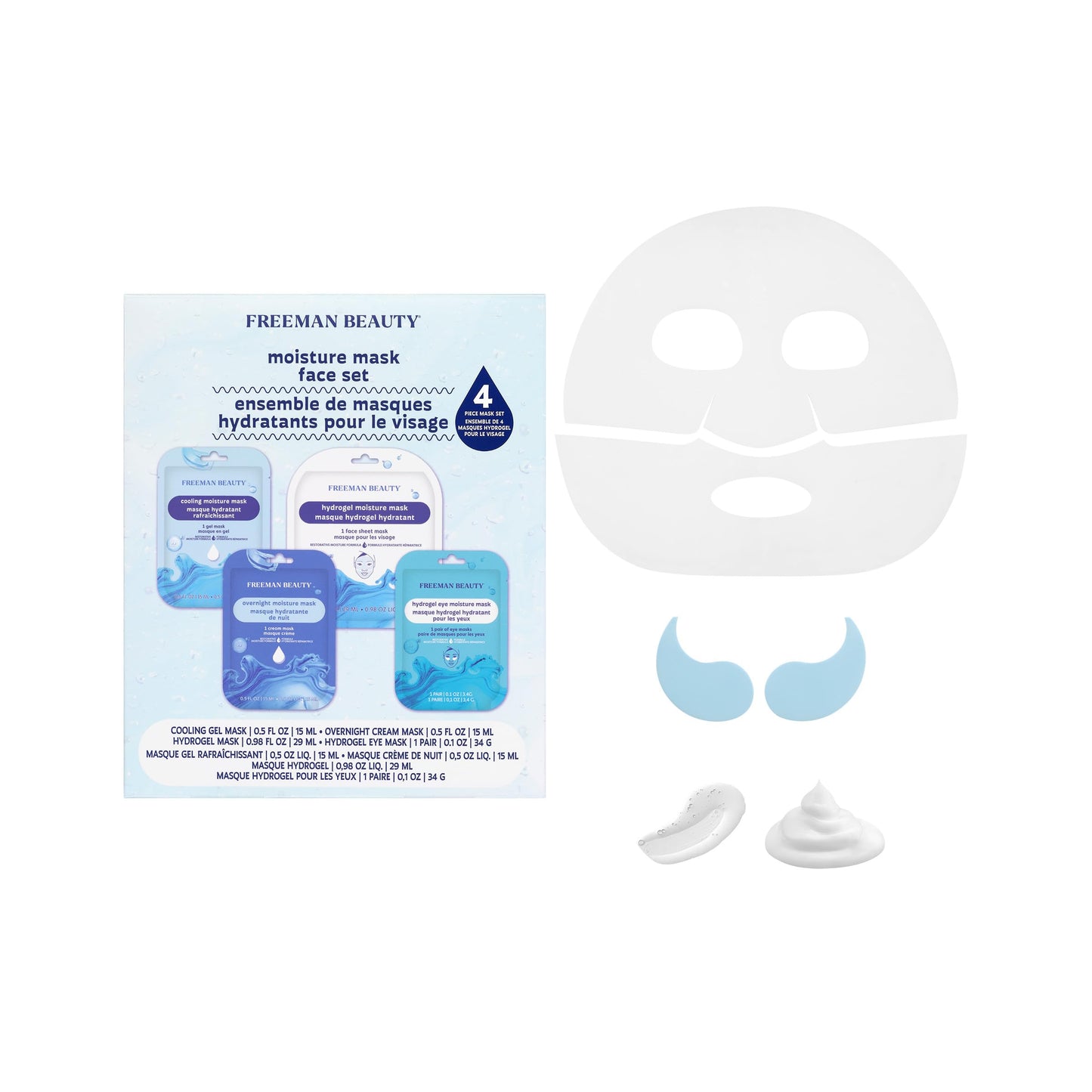 Freeman 4 Piece Moisture Mask Face Set, Hydrating Face Masks & Under Eye Mask For Puffy Eyes, Hydrogel Masks For Dry Skin, Hyaluronic Acid, Travel-Friendly, Vegan & Cruelty Free Skincare