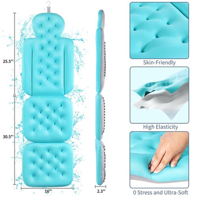 Luxury Bath Cushion, Full Body Bathtub Pillow with 160 Suction Cups, Bath Mat for Head and Neck Support, with Laundry Bag (Blue, 56.2" x 16.2")