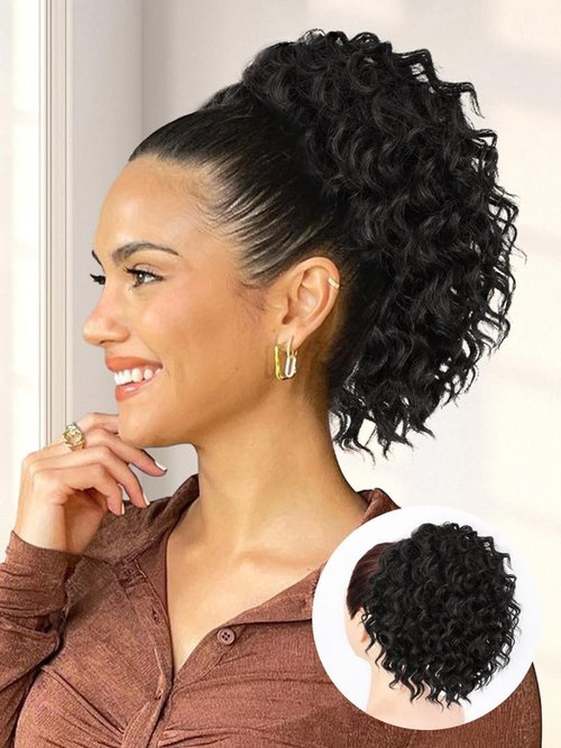 SUZYACCKR Wavy Curly Ponytail Extension, 8 Inch Natural Black Short Soft Natural Synthetic Hairpiece Thick Drawstring Ponytail for Black Women for Daily Use