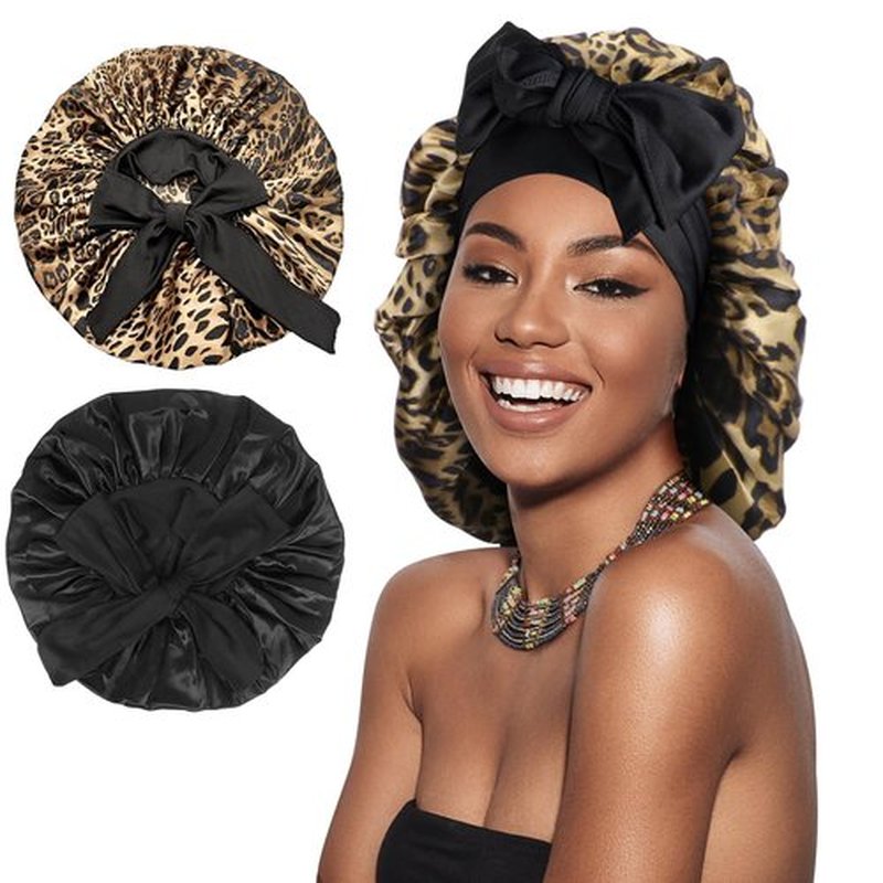 Arqumi 2 Pcs Cheetah-Print Satin Silk Bonnet for Sleeping Women, Large Cute Bonnet with Long Strap Tie Band Adjustable Sleep Night Cap Hair Bonnet for Men Long Short Hair, Black+Leopard Print