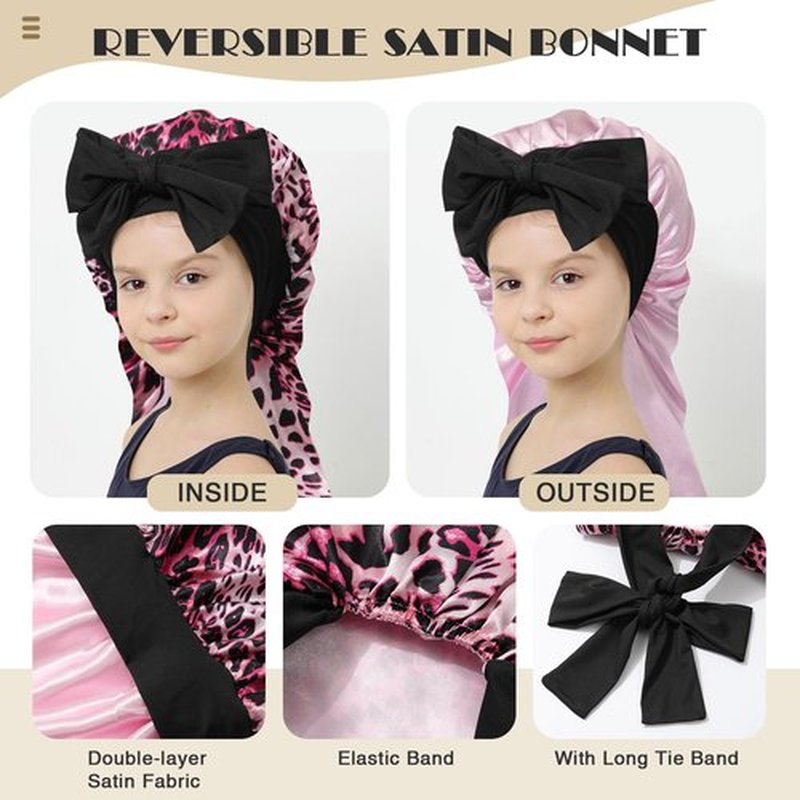 Kids Long Hair Bonnet for Sleeping - Double Layer Girls Elastic Satin Bonnet with Tie Band for Braid Curly Hair (Pink Leopard+Pink)