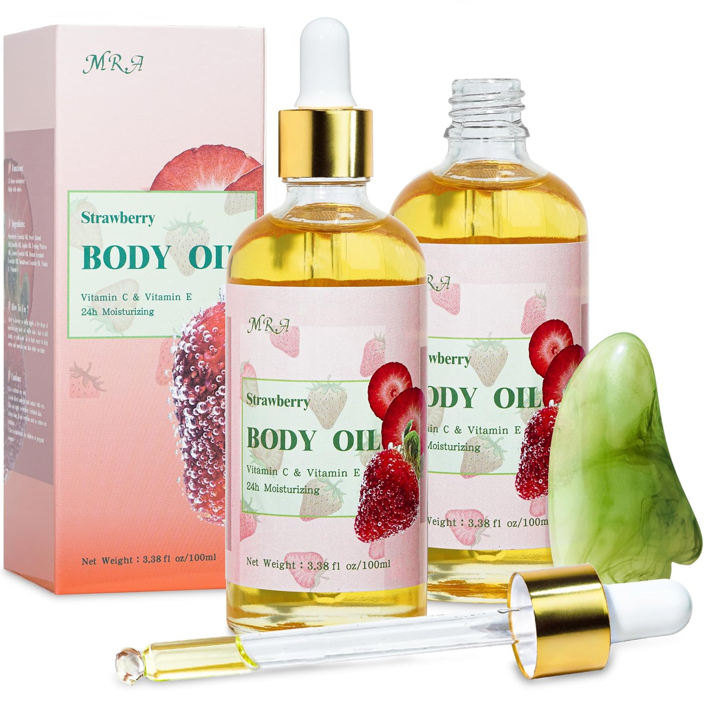 MR.A 2 Pack Strawberry Body Oil Juice Scented, Vitamin E Body Oil after Shower, Strawberry Shortcake Body Moisturizer Bath Oil for Dry Skin, Guasha Oil with Guasha Tool