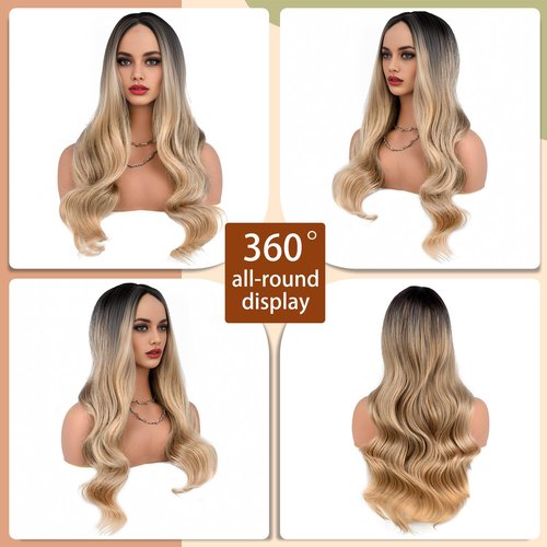 TOZIKA Long Ombre Blonde Wavy Wig for Women 26 Inch Curly Wavy Wig Middle Part Synthetic Wavy Wig Natural Looking Heat Resistant Fiber Wig for Daily Party Use