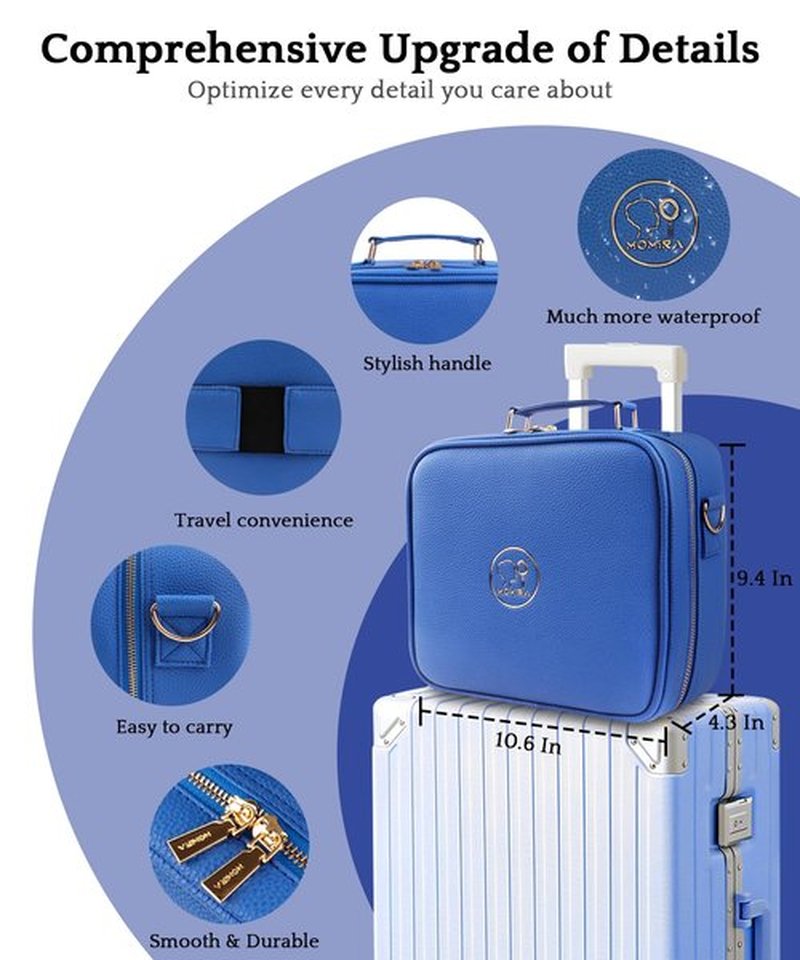 MOMIRA Travel Makeup Bag Cosmetic Bag with Lighted Mirror, Adjustable Brightness in 3 Color Scenarios/Detachable makeup mirror, 2024-All-round Upgrade, Waterproof, Gift for Women -Blue