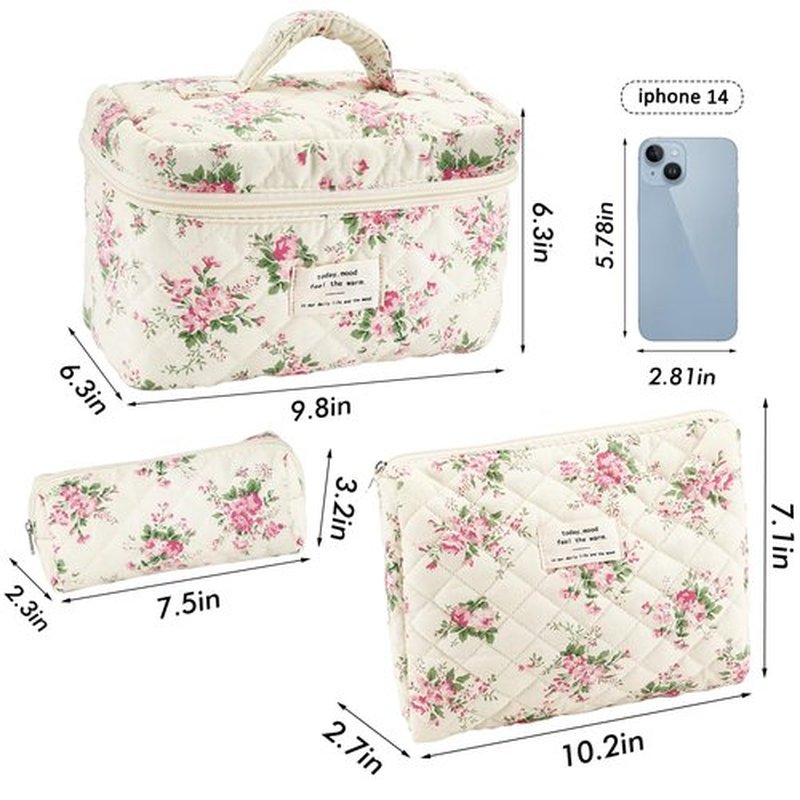 URSKYTOUS 3Pcs Cotton Quilted Makeup Bag for Women Girls Large Small Travel Pink Floral Cosmetic Bags Set Cute Coquette Makeup Pouch for Purse Aesthetic Cloth Flower Storage Toiletry Bag Organizer