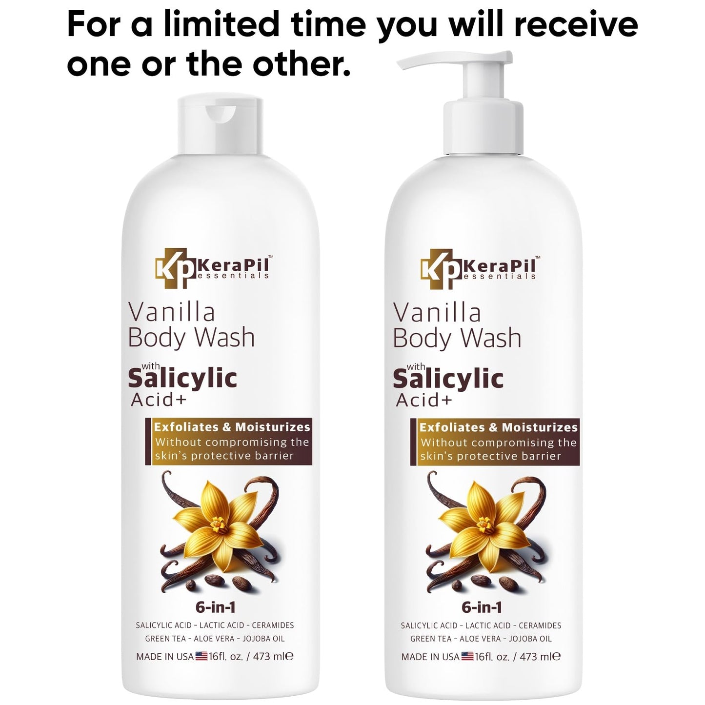 KERAPIL Vanilla Salicylic Acid Body Wash - Gentle Exfoliates Rough and Bumpy Skin, KP and Acne, With BHA & AHA - Made in USA - (16 fl oz x 2)