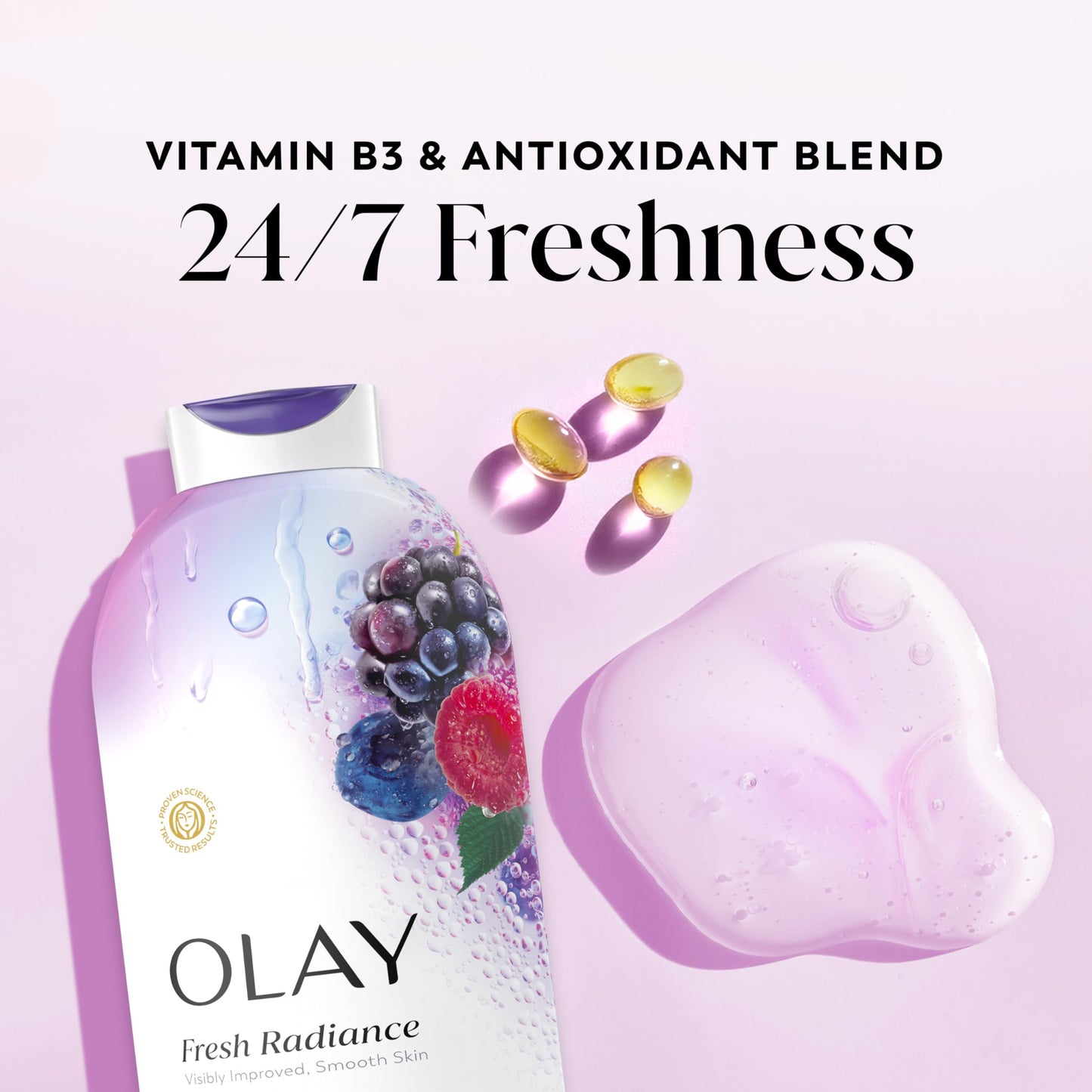 Olay Body Wash for Women, Fresh Radiance, 24/7 Skin-Loving Freshness, Visibly Radiant, Plant Based Cleansers, Vitamin B3 & Antioxidant Blend, For All Skin Types, Berries Frescas Scent, 22 fl oz