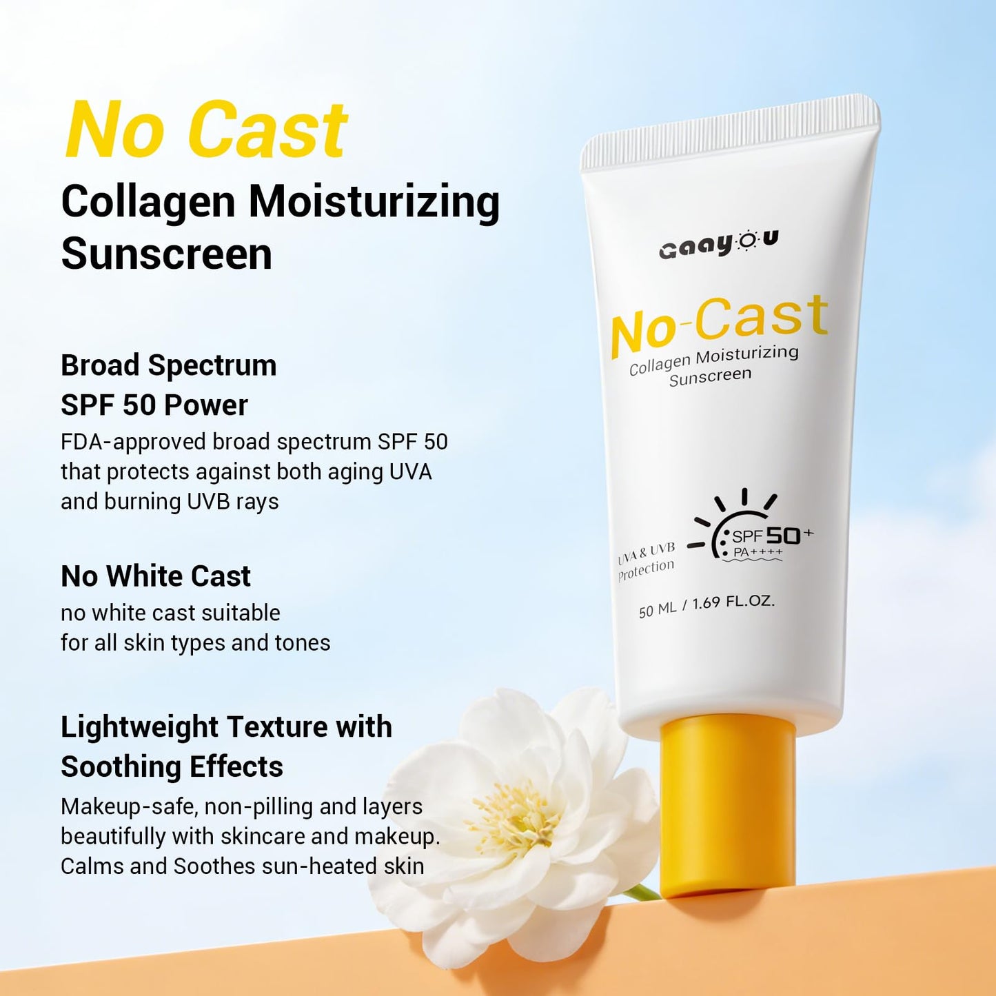 No Cast Moisturizing Sunscreen SPF50 PA++++ Collagen Facial Sunscreen Korean Sunscreen with Hyaluronic Acid, Oil Free, No White Cast Natural Sunscreen for All Sensitive Skin Type