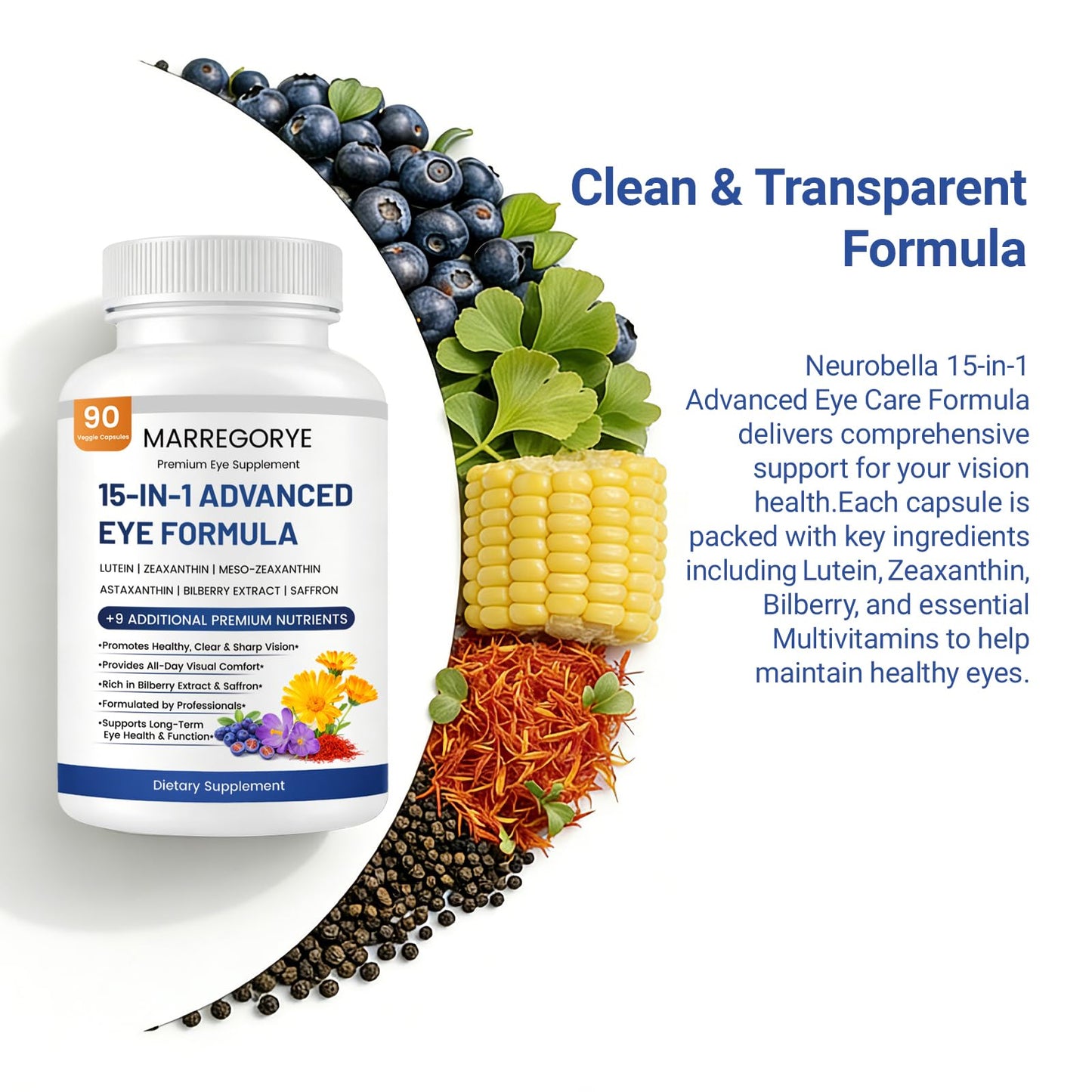 Neurobella Eye Care Formula, 15-in-1 Advanced Eye Care Formula, Eye Nutrition Support Capsules. Contains Lutein, zeaxanthin,Saffron, Blueberry Extract and Multiple Vitamins. 90 Capsules.