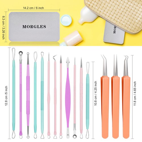 Blackhead Remover Tools, MORGLES 15PCS Pimple Popper Tool Kit Professional Stainless Comedone Pimple Extractor Tool for Blackhead Blemish Zit Removing with Metal Case 2024 Latest