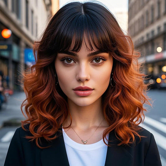 Amarlis Short Black to Brown Wigs for Women, 14 Inch Wavy Bob Wig with Bangs Natural Looking Soft Heat Resistant Synthetic Wig for Daily Party Use