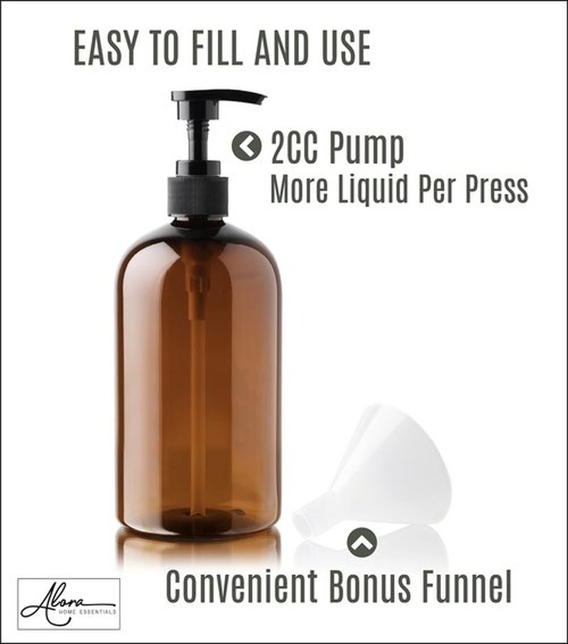 Alora 5-in-1 Apothecary Bottles for Home & Commercial Use - 16oz Elegant 8.5x3in Refillable Amber Shampoo Storage, Handwash, Massage Oils - Includes 24 Waterproof Labels, Bonus 2CC Pump & Funnel