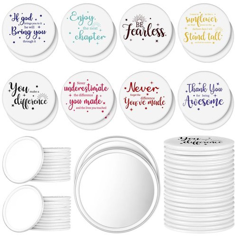 Kigley 2.8 Inch Inspirational Compact Mirror Bulk Round Portable Pocket Makeup Glass Mirror Purse Mini Small Mirror for Women Teacher Girls Coworker Friends (White Base, 48 Pcs)