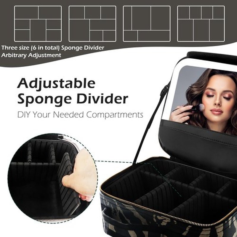 MOMIRA Makeup Train Case Makeup Bag with Light up Mirror Cosmetic Bag Organizer Detachable Portable Travel Makeup Case with Adjustable Dividers Makeup Brushes Storage, Waterproof,Zebra-Beige