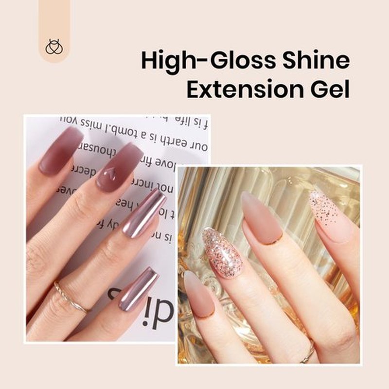 Beetles Poly Nail Extension Gel Kit, 7 Pcs Clear Jelly Glitter Golden Nude Brown Colors Poly Building Gel Enhancement Manicure Kit Top Base Coat Slip Solution Nail Art Soak Off UV Fall Nails