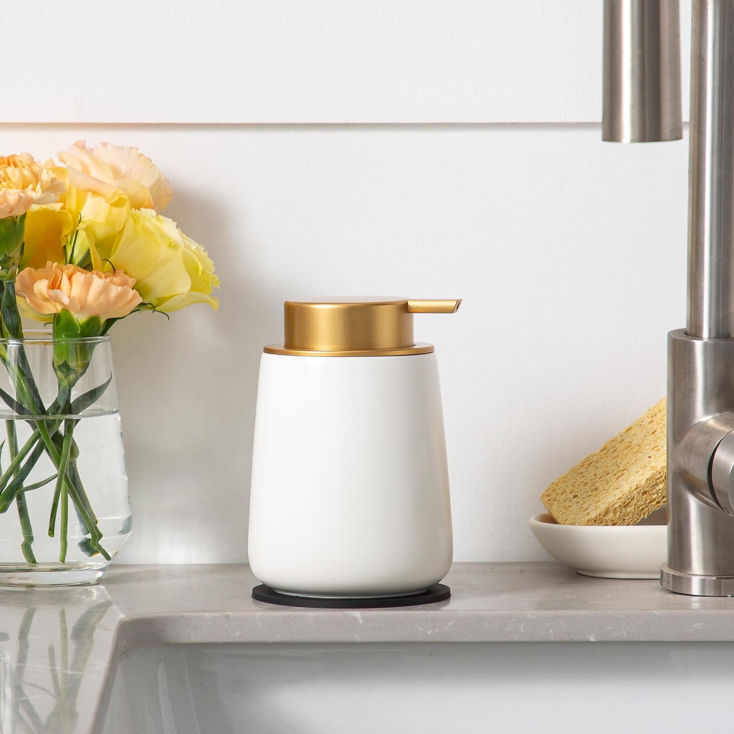 Enra Ceramic Soap Dispenser, 12 Oz Wide-Mouth Hand Lotion Dispenser with Gold Pump, White Refillable Dish Soap Dispenser for Kitchen & Bathroom Countertop Decor
