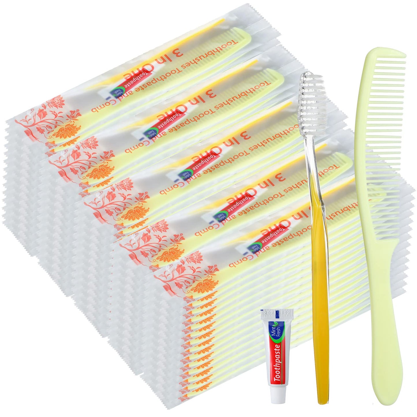 meekoo 200 Set Disposable Travel Toothbrushes with Toothpaste and Comb Individually Wrapped Bulk for Homeless Hygiene Kit Care Package Supplies for Hotel Nursing Home Shelter Charity(Gold,Classic)