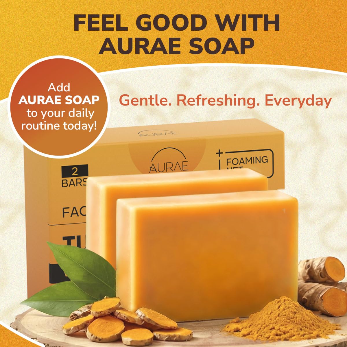 AURAE Turmeric Soap Bar for Clear, Hydrated Skin, Gentle Face & Body Cleanser with Retinol, Hyaluronic Acid, Shea Butter, Olive Oil & Vitamin E, Paraben & SLS Free (3.5oz x 2 Bars)
