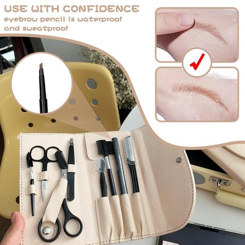 8PCS/SET Professional Eyebrow Shaping Grooming Kit - Beauty Tools Set with Leather Bag Eyebrow Grooming Kit for Women & Men, Eyebrow Trimming Kit With Razor Eyebrow Scissors and Brush with Comb Khaki