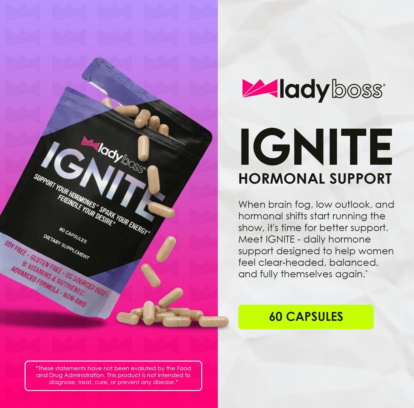 LadyBoss Ignite Hormone Balance Supplement for Women – Bloat Relief, Mood Support & Natural Energy – Premium Red Maca & Zinc Formula for Daily Vitality – 60 Capsules