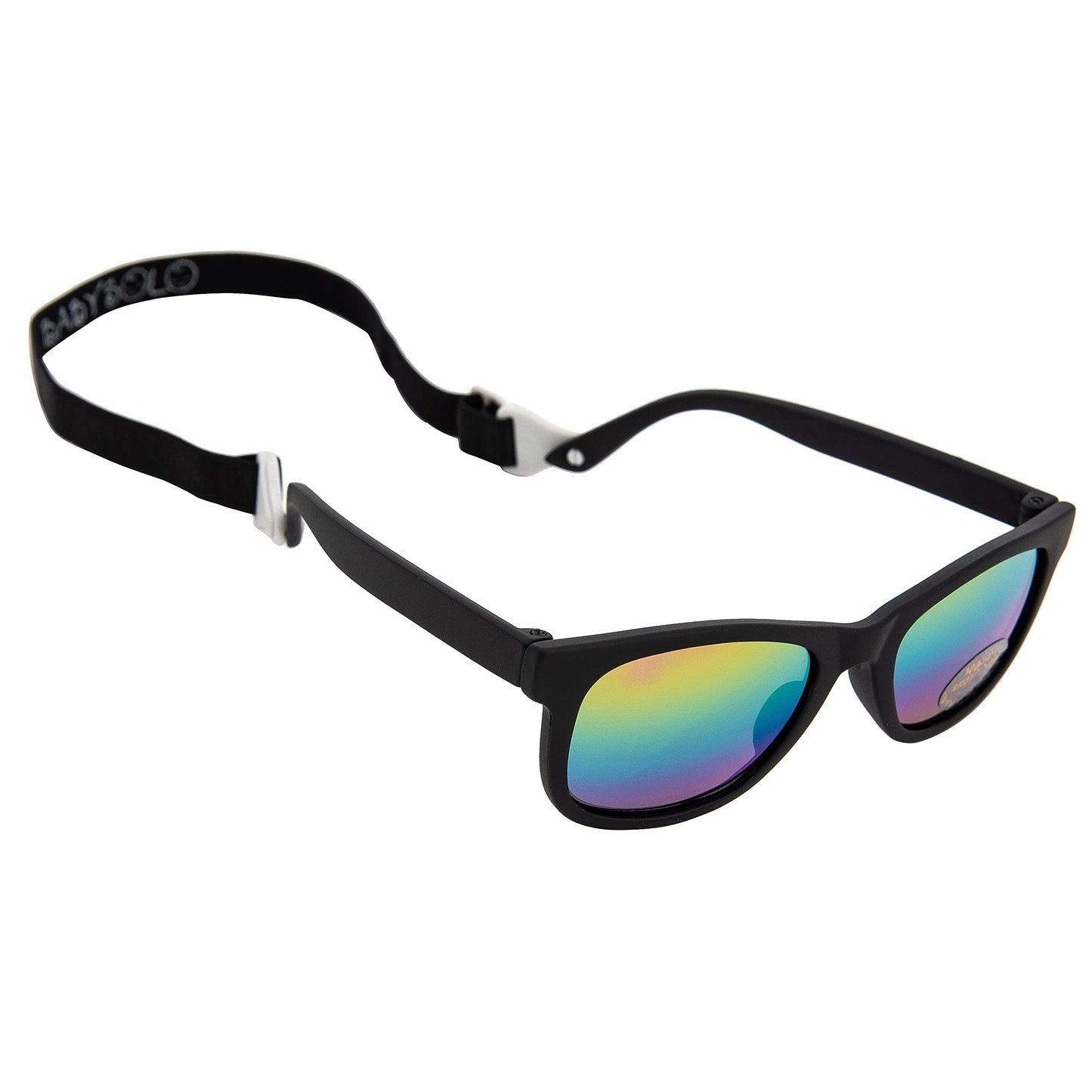 Baby Solo Babyfarer Baby Infant Sunglasses Safe, Soft, and Adjustable 0-24 Months (0-24 months, Matte Black Frame w/Rainbow Mirror)
