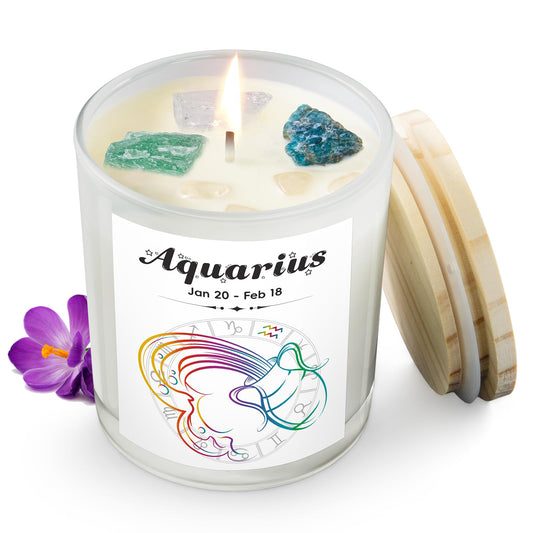 Aquarius Gifts for Women, Zodiac Aquarius Candle with Healing Crystals, Astrology Birthday Gifts for Women, Mom, Sister, Friends, Meditation, Yoga, Relaxation (7oz)