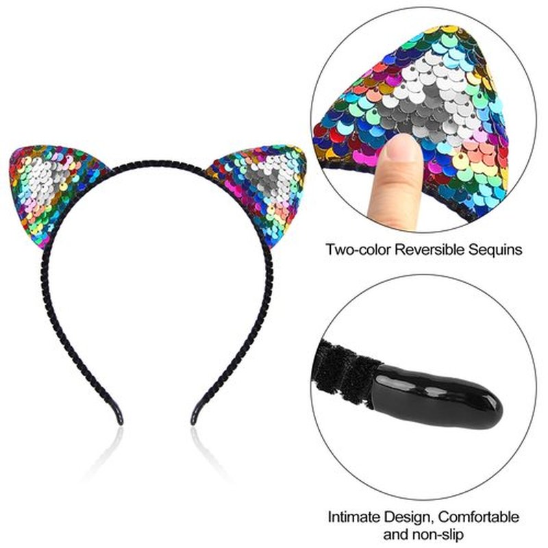 Beinou Reversible Sequin Cat Ears Headband Shiny Cat Ear Hair Hoops Cute Bling Hairband Hair Accessories for Women Girl