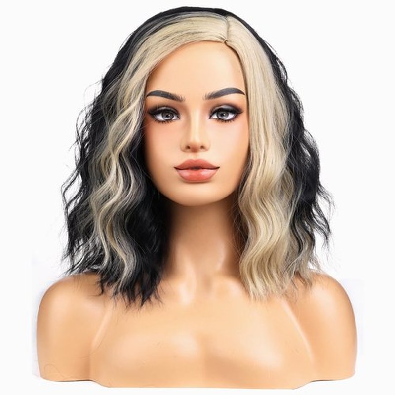 BERON Black and Blonde Wigs for Women Short Curly Wavy Hair Wig Girls Mixed Color Synthetic Costume Cosplay or Used Wig