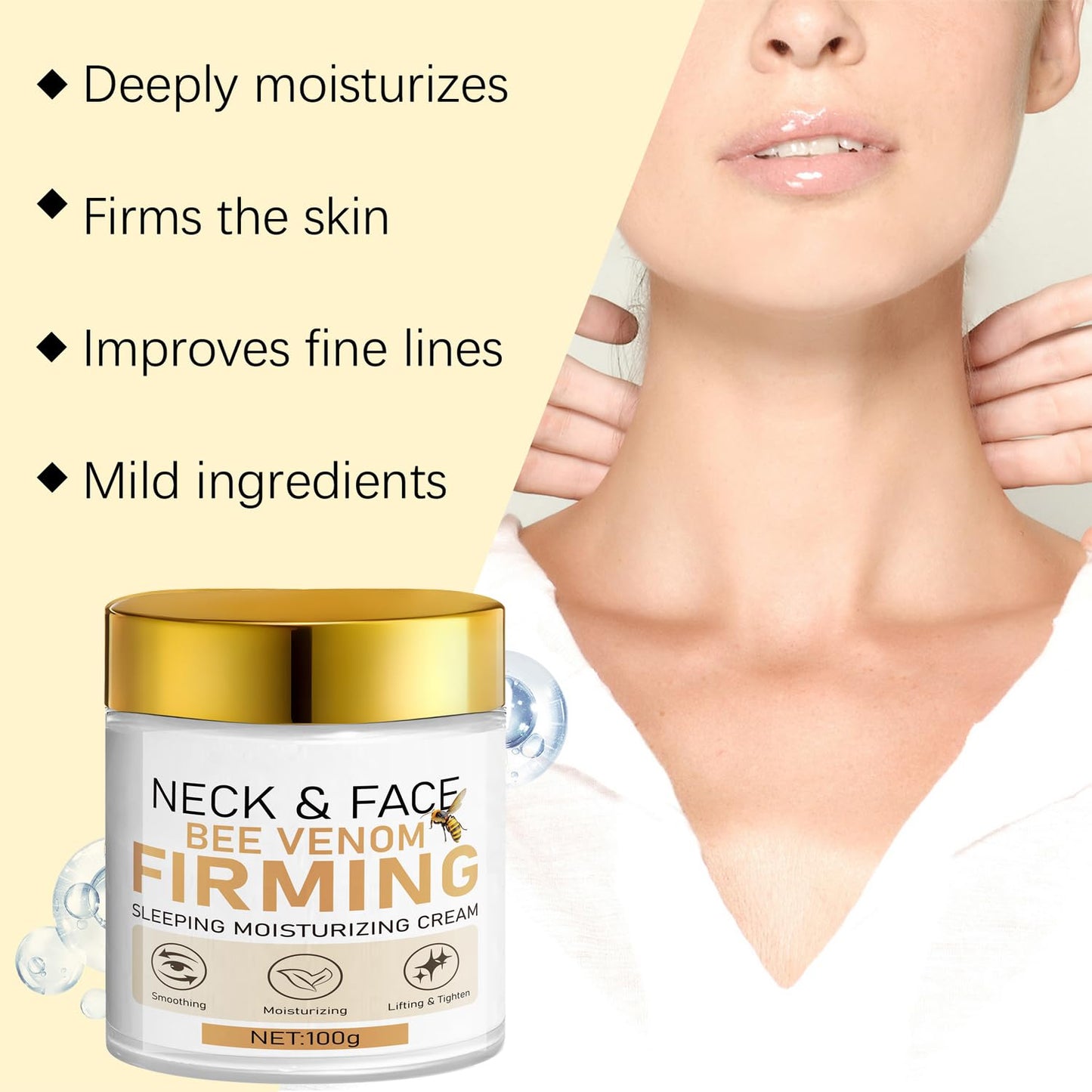 Bee Venom Sleeping Moisturizing Cream - Hydrating & Plumping Face and Neck Cream with Hyaluronic Acid, Daily Moisturizer for Firmer, Softer Skin, 3.53oz