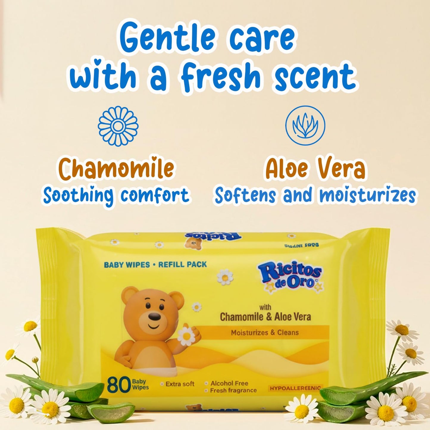 Ricitos de Oro Baby Wipes | Chamomile & Aloe Vera | 80 ct | 6-Pack