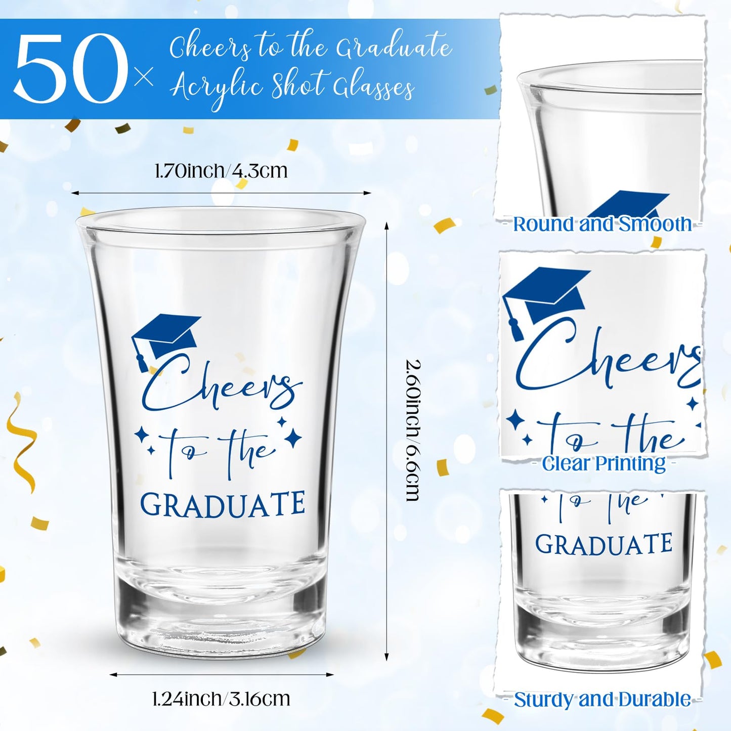 Maxcheck 50 Sets Graduation Party Favors for Guests Cheers to the Graduate Acrylic Shot Glasses with Thank You Cards and Organza Bags Graduation Gifts for Teacher Classmates Family(Blue)