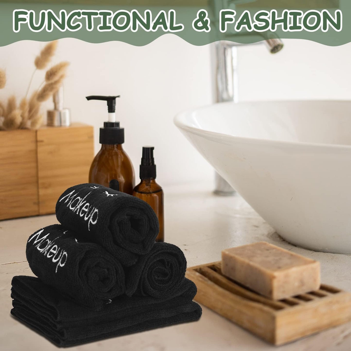 Vabean 50 Pcs Microfiber Black Makeup Washcloths for Face 13 x 13 Inches Makeup Remover Towels Reusable Absorbent Removers Face Wash Cloth with Embroidery for Women