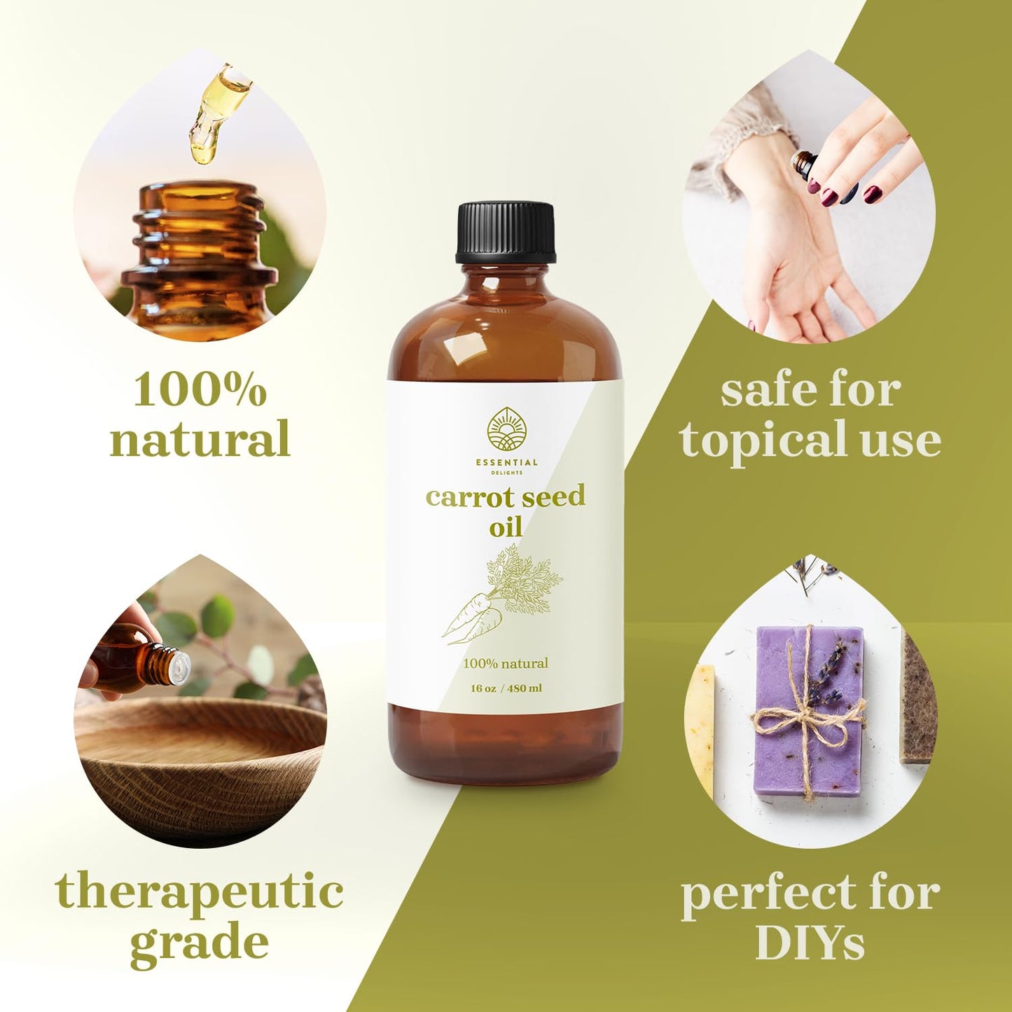 Essential Delights Carrot Seed Carrier Oil Premium Undiluted Carrier Oil | for Skin, Face, Body, Hair Revitalization | Vegan & Cruelty Free (16 Fl.Oz.)